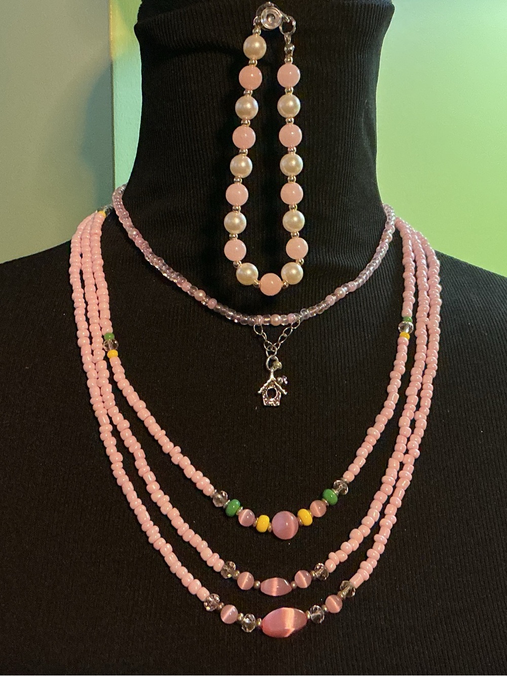 5-Piece HandcraftedPink Beaded Multi-Strand Necklace Set with Charm & Bracelet